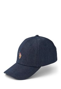 Sötétkék farmer baseballsapka ívelt karimával, elején hímzett lovas logóval.
