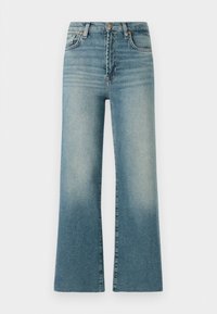 Høyt liv, vide bukser i lys blå denim med bleket finish. Har fem lommer og subtile stikningsdetaljer.