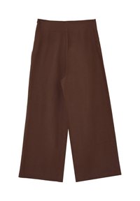 Braune breite Beinstoffhosen aus glattem Material. Mit hoher Taille und subtilen Vorderfalten für Struktur. Keine zusätzlichen Beschläge oder Muster.