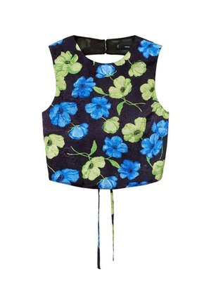 Korte mouw crop top in donker navy met een levendig blauw en groen bloemenpatroon. Heeft een hoge halslijn en een strikdetail achter.