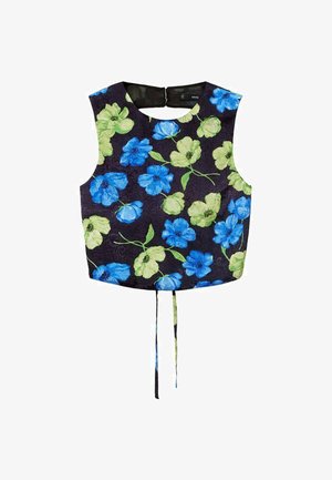 Short-sleeve crop top in dark navy with vibrant blue and green floral pattern. Features a high neckline and back tie detail.