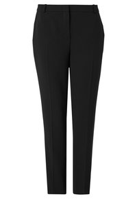 Svarta skräddarsydda byxor, tillverkade av slätt tyg, med en smal passform, flat front utan synliga fickor och subtila fålldetaljer.