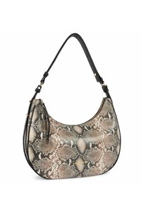 Borsa hobo caratterizzata da un motivo in pelle di serpente nei toni beige e nero, con una tracolla in pelle liscia e dettagli in metallo color oro.