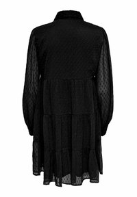 Abito nero a strati realizzato in tessuto trasparente, con maniche lunghe, colletto e un motivo a pois testurizzato su tutta la superficie. Vista posteriore mostrata.