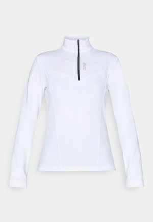 Pullover bianco a maniche lunghe con colletto alto, zip a un quarto sul davanti e piccolo logo sul petto. Tessuto liscio e leggero con un design aderente.
