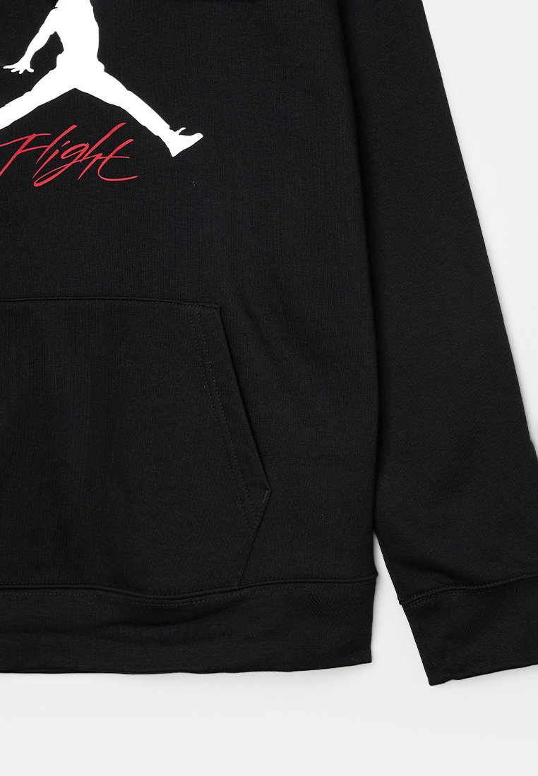 Czarna bluza z kapturem z kangurką, z białym logo Jumpman i czerwonym napisem "Flight". Wykonana z miękkiego, teksturowanego materiału.