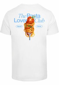 White t-shirt featuring an illustration of pasta on a fork, with "The Pasta Lover Club" text and labels "Napoli" and "Roma" in blue.