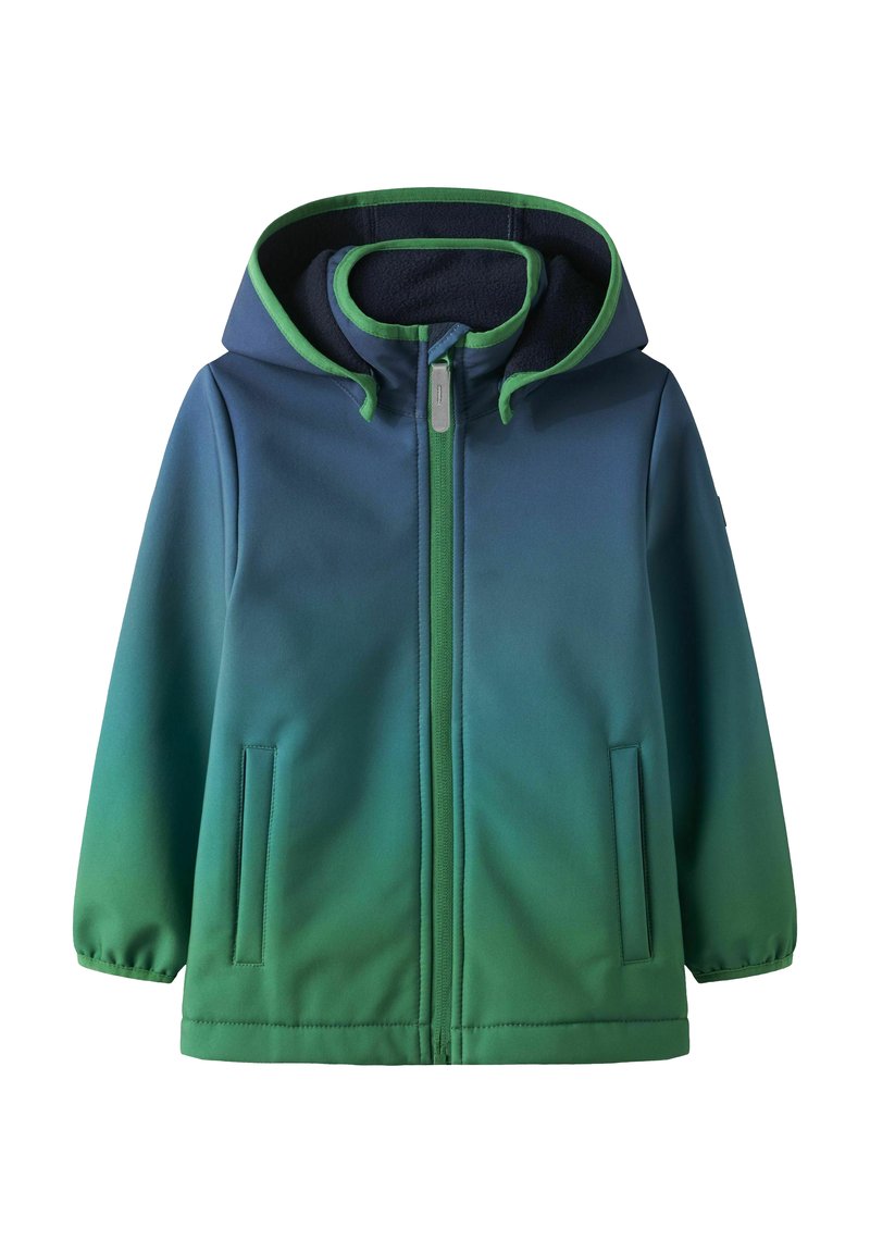 Veste ombragée verte et bleue avec capuche, fermeture éclair à l'avant et poignets élastiques. Texture douce et deux poches latérales. Col doublé pour le confort.