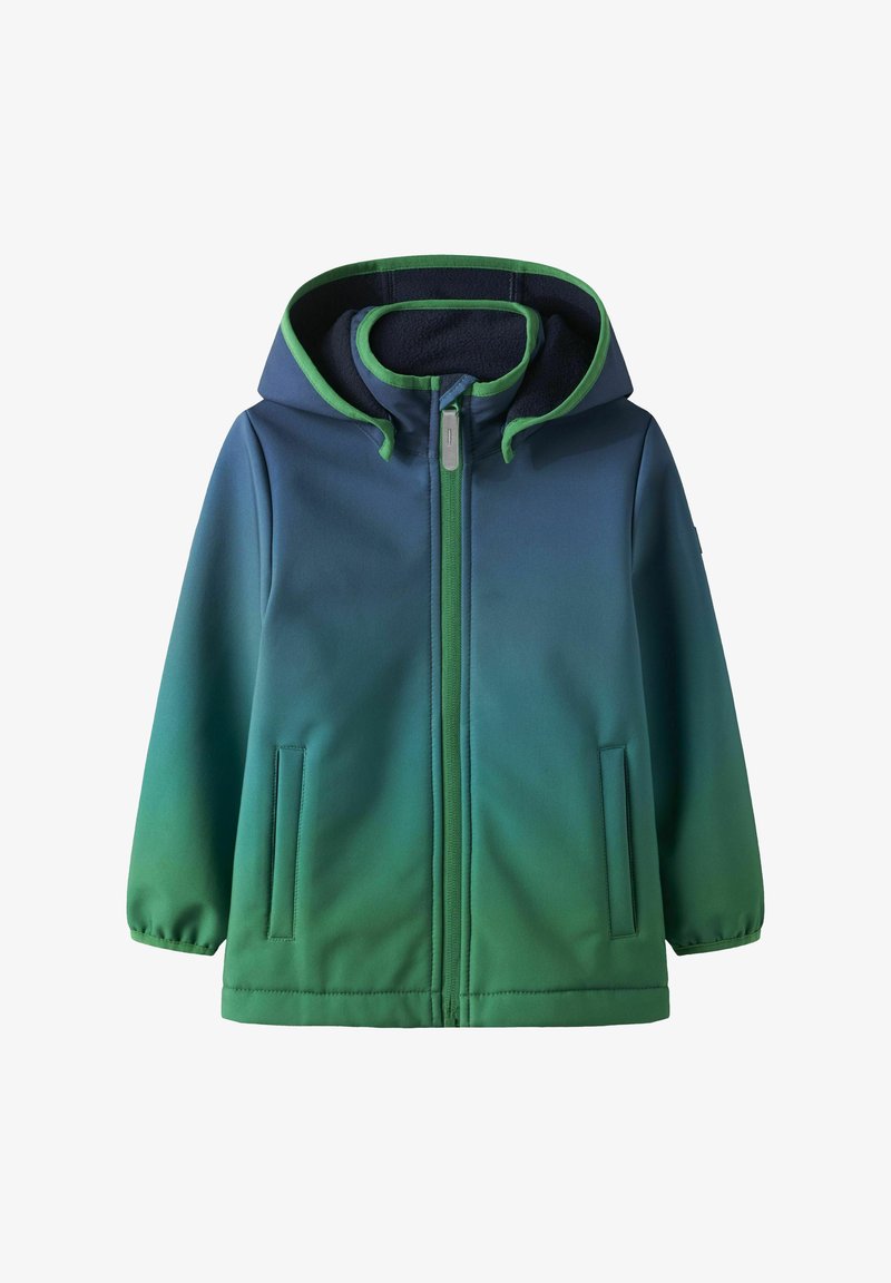 Grüne und blaue Ombre-Jacke mit Kapuze, Frontreißverschluss und elastischen Bündchen. Weicher Stoff und zwei seitliche Taschen. Der gefütterte Kragen sorgt für zusätzlichen Komfort.