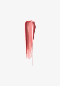Cremiger flüssiger Lippenstift Swatch, sanfte rosa-rote Farbe, glatte Textur, leichter Glanz, auf einem weißen Hintergrund.