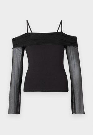 Melna off-shoulder top ar plānām siksnām un caurspīdīgām garām piedurknēm, kas izgatavotas no caurspīdīga sieta auduma.
