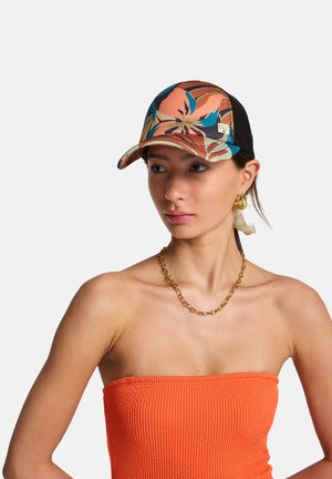 Casquette florale multicolore avec un dos en maille métallique, dotée d'une visière courbée. Les couleurs dominantes incluent pêche, bleu et vert foncé.