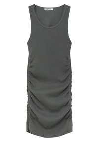 Robe débardeur grise avec une texture côtelée, présentant un design froncé sur les côtés et un col rond. Aucune quincaillerie ni motifs visibles.