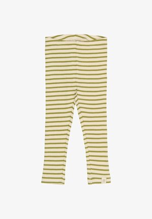 Pruhované legíny v zelenej a krémovej farbe, vyrobené z rebrovanej tkaniny. Obsahujú elastický pás a malú značkovú nášivku na leme.