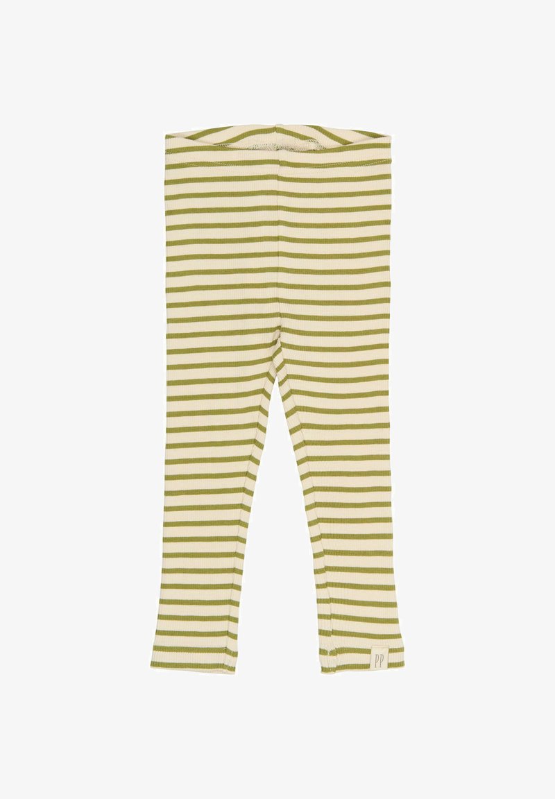 Leggings rayés en vert et crème, fabriqués en tissu côtelé. Dotés d'une taille élastique et d'une petite étiquette logo à l'ourlet.
