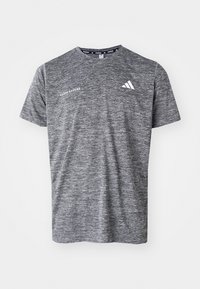 Grå heather kortermet treningst-skjorte med rund hals, med hvit "adidas running" tekst og logo på forsiden. Lettvektig stoff.