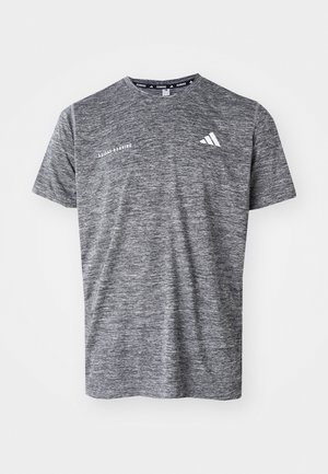 Pilkos heather spalvos trumpomis rankovėmis sportinis marškinėliai su apvaliu iškirpimu, ant priekinės dalies yra balti "adidas running" tekstas ir logotipas. Lengvas audinys.