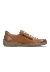 Sneaker décontractée en cuir marron avec lacets beiges, fermeture éclair latérale et semelle en caoutchouc texturée, présentée en profil gauche sur fond blanc.