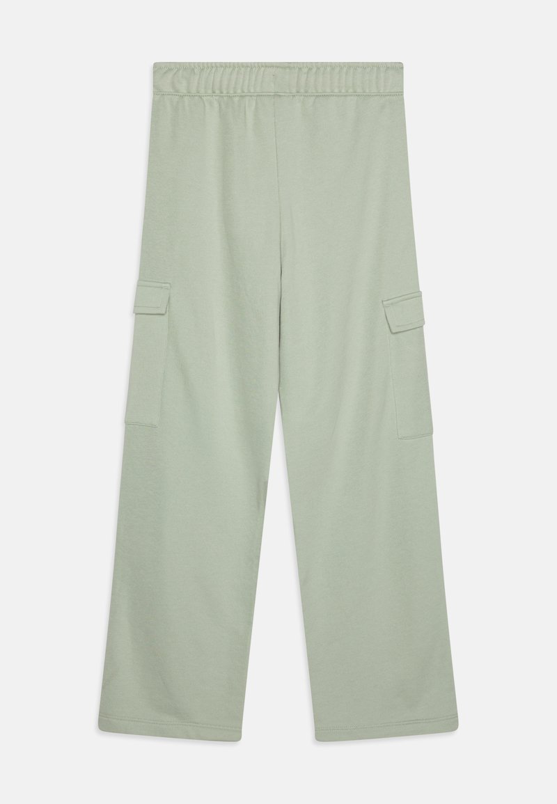 Pantaloni cargo verde chiaro con design a gamba larga, cintura elastica e due tasche laterali. Realizzati in tessuto morbido e liscio con una vestibilità casual.