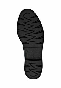 Suela de zapato de goma negra con un patrón texturizado en zigzag y el nombre de la marca "remonte" grabado en la superficie. Tamaño 37 marcado.