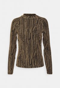 Svart långärmad topp med hög halsringning som har ett mönster av guldglittriga vertikala vågiga ränder.