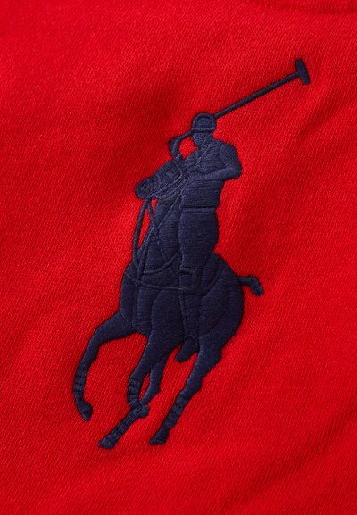 Sarkans audums ar tumši zilu izšuvumu, kurā attēlots polo spēlētāja siluets. Dizainā ir redzams zirgs un jātnieks, kurš tur polo nūju.