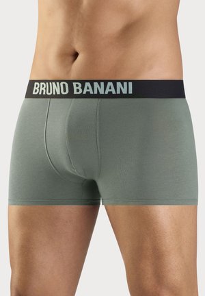 Graue Herren-Boxershorts mit schwarzem Bund und weißem "BRUNO BANANI" Schriftzug, getragen von einem stehenden männlichen Model, zu sehen von der Taille bis zur Mitte des Oberschenkels.