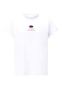Weißes Baumwoll-T-Shirt mit kurzen Ärmeln, das über ein burgunderfarbenes Lippen-Graphic verfügt und darunter in passender Farbe "CHERRY ELEGANCE" gedruckt ist.