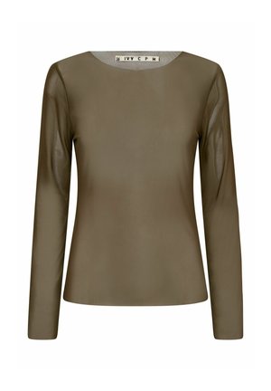 Dlhý rukáv s okrúhlym výstrihom v olivovo zelenej farbe. Hladká textúra, priliehavý strih a bezšvové ramená. Viditeľná štítková značka na krku.