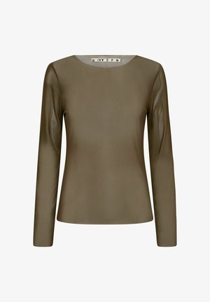 Dlhý rukáv s okrúhlym výstrihom v olivovo zelenej farbe. Hladká textúra, priliehavý strih a bezšvové ramená. Viditeľná štítková značka na krku.