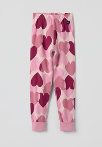 Bunte Leggings mit einem rosa Hintergrund und einem Muster aus Herzen in verschiedenen Rosa- und Burgundertönen. Elastischer Bund und Bündchen an den Knöcheln.