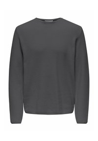 Donkergrijs langarm sweater met een textuur, geweven patroon. Heeft een ronde halslijn en een ontspannen pasvorm.