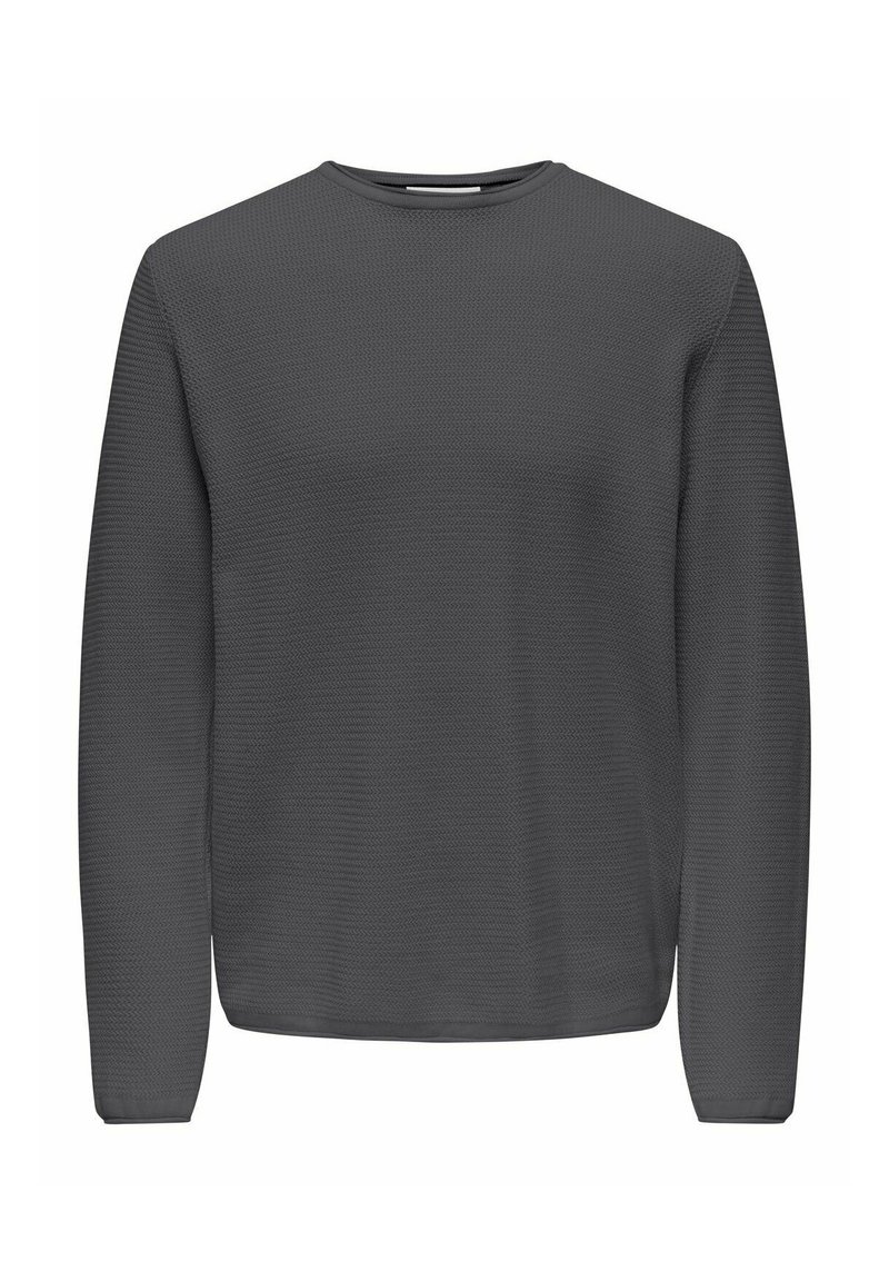 Donkergrijs langarm sweater met een textuur, geweven patroon. Heeft een ronde halslijn en een ontspannen pasvorm.