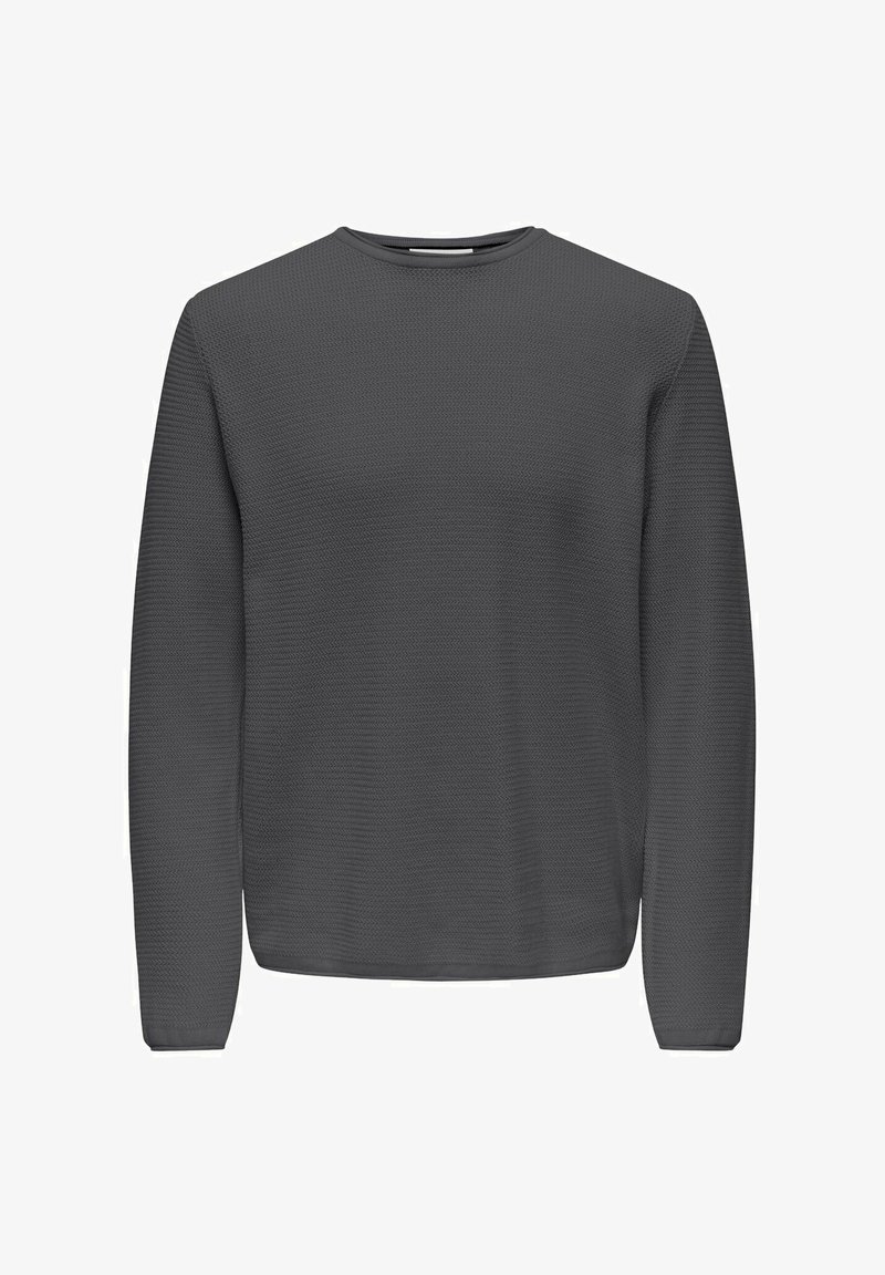 Pull long gris foncé avec des manches, présentant un motif texturé tissé. Il a un col arrondi et une coupe décontractée.