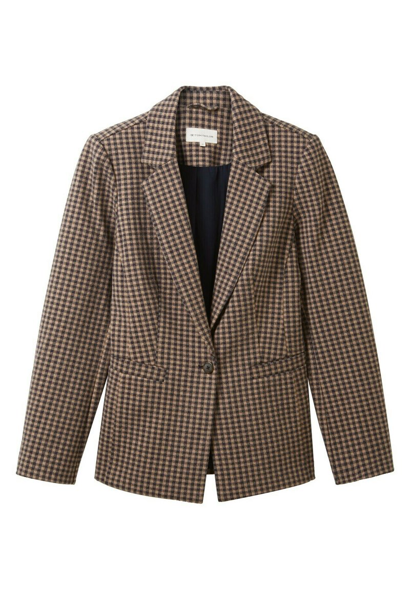 Braun und schwarz karierter Blazer mit Reverskragen, einfacher Knopfschluss, zwei Vorderaschen und strukturiertem Schnitt. Gefüttertes Innenfutter.
