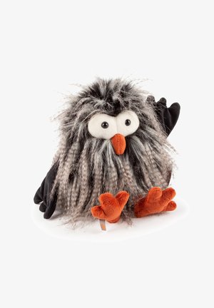Plush owl toy with gray and black fur, large white eyes, orange beak, and small orange feet, featuring a whimsical design with an expressive stance.