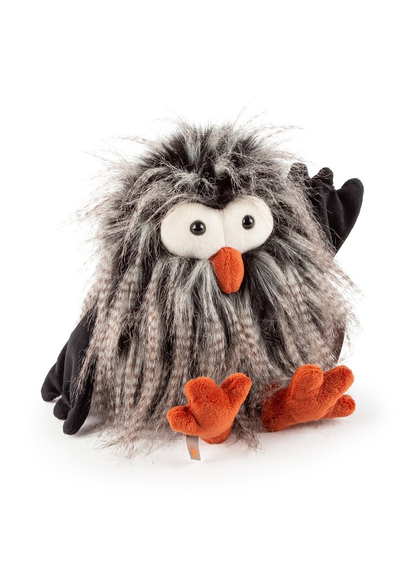 Plush owl toy with gray and black fur, large white eyes, orange beak, and small orange feet, featuring a whimsical design with an expressive stance.