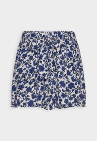 Shorts fleuris en tissu léger, présentant un fond blanc avec des motifs de fleurs bleues, une taille élastique et un détail de ceinture nouée.