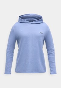 Sweatshirt azul claro com capuz feito de tecido texturizado, com mangas compridas e um pequeno logotipo preto no peito esquerdo.
