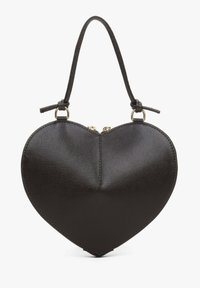 Czarna torebka w kształcie serca, wykonana z teksturowanego materiału. Posiada cienki uchwyt, złote akcenty oraz zamek błyskawiczny u góry.