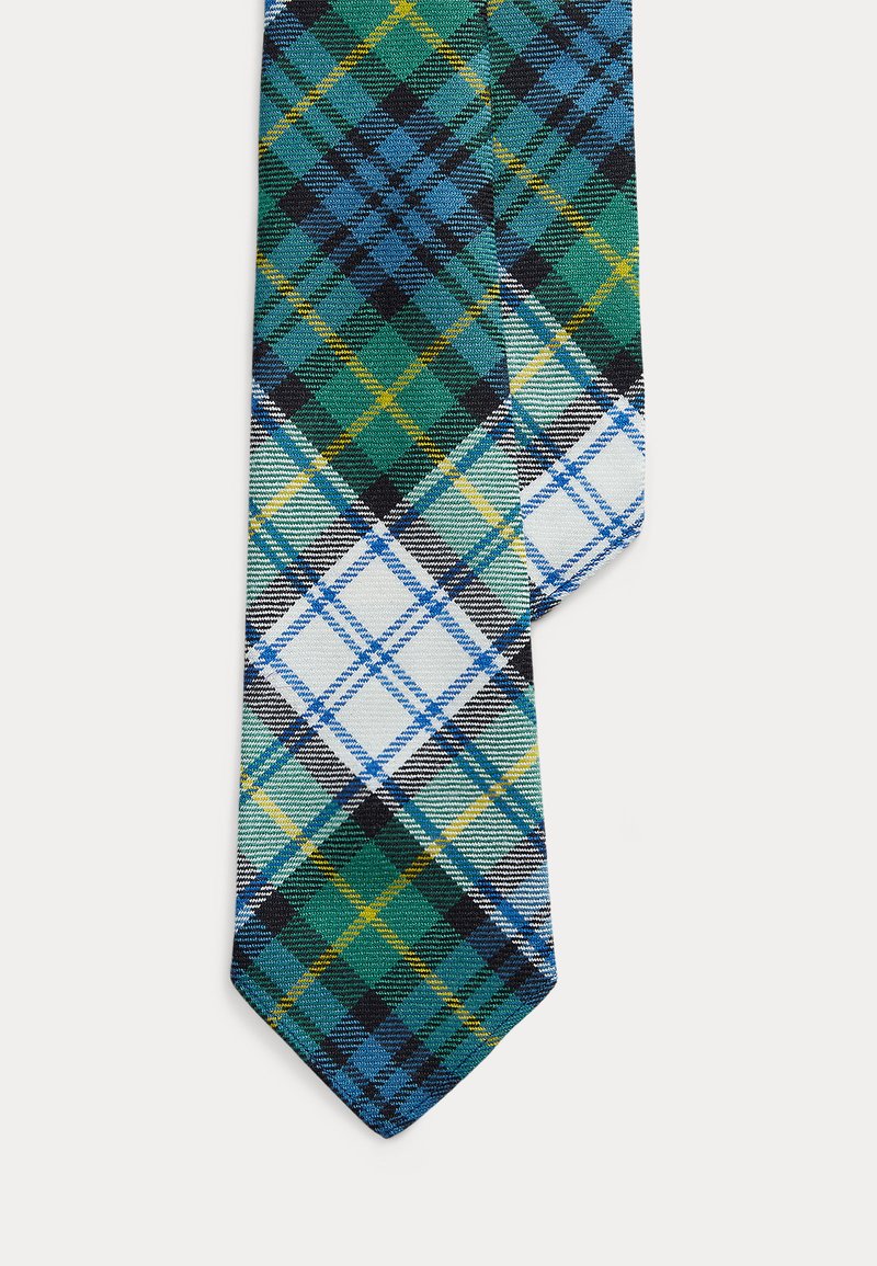Kravata s kariranim uzorkom u zelenoj, plavoj, crnoj i žutoj boji; izrađena od tkanog materijala glatke teksture; uska s vrhom u obliku šiljka.