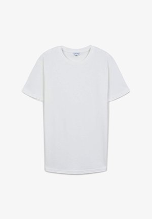 T-shirt bianco a maniche corte realizzato in cotone, con scollatura rotonda e vestibilità comoda. Tessuto liscio senza motivi o decorazioni visibili.