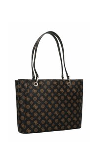 Borsa tote nera realizzata in materiale sintetico, con un motivo a logo marrone ripetuto, manici doppi e dettagli in hardware color argento.