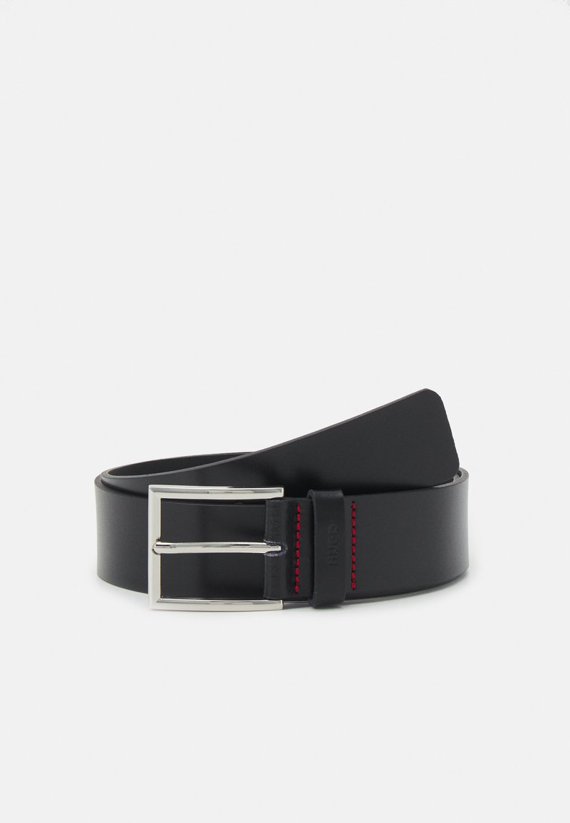 Black leather belt with a silver double-prong buckle and red stitching accents. Smooth texture, rectangular shape, and minimalistic design.