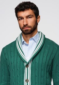 Cárdigan verde de punto con un patrón de trenzado, cuello de chal a rayas blancas y tres botones marrones, combinado con una camisa a rayas azules.