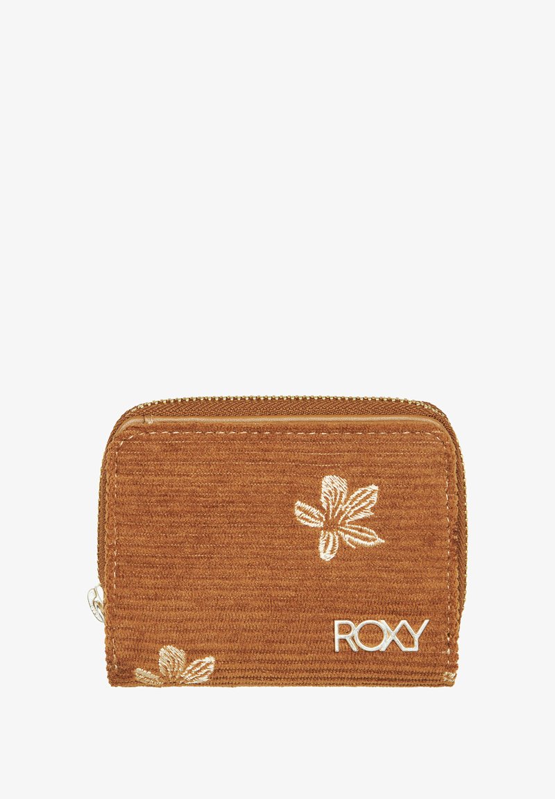 Brauner Cordwildleder Geldbeutel mit floralem Stickdesign, silbernem Beschlag und Reißverschluss. Verfügt über ein Logo auf der Vorderseite und ein strukturiertes Design.