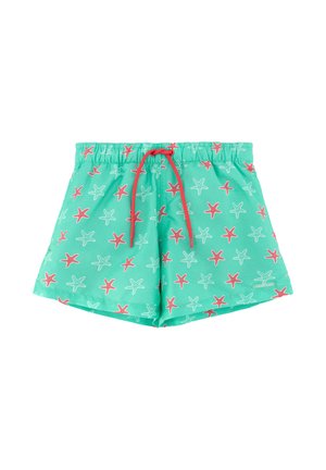Bañador corto turquesa con patrones de estrella de mar en rojo y blanco y cintura con cordón rojo.