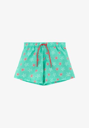 Bañador corto turquesa con patrones de estrella de mar en rojo y blanco y cintura con cordón rojo.
