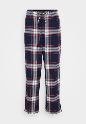 Pantalones de pijama quadriculados em azul-marinho, bordô e branco, com cintura elástica e cordão. Tecido suave e ajuste solto.
