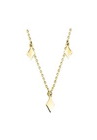 Collana d'oro con un design a catena che presenta tre pendenti a forma di diamante. La superficie è lucidata, conferendo una texture brillante.